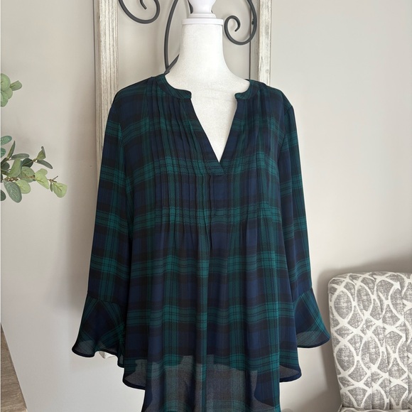 Style & Co. Green and Navy Plaid Blouse - Picture 1 of 4